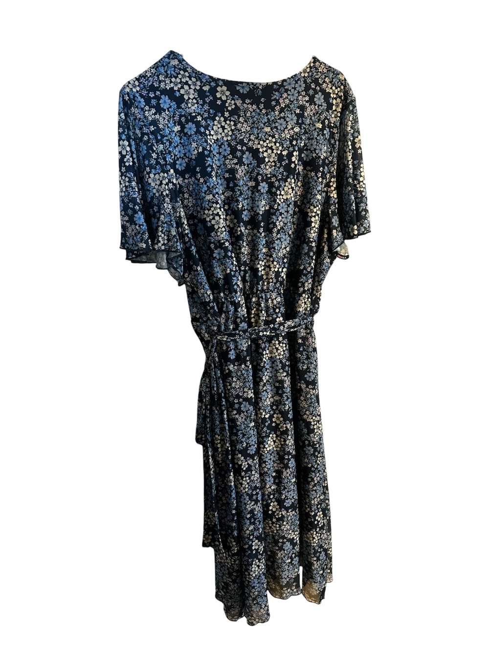 Morgan Taylor Navy Floral Wrap Midi Dress Short Sleeve Flutter High Low XL Boho - Picture 6 of 13